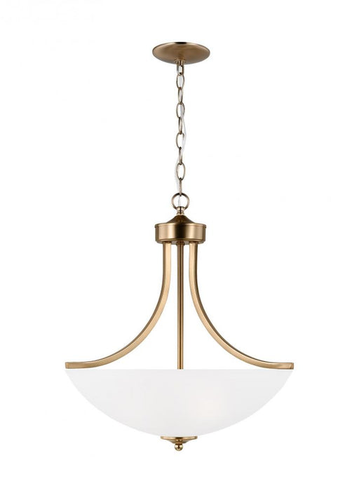 Generation Lighting Geary traditional indoor dimmable LED medium 3-light pendant in satin brass with a satin etched glas