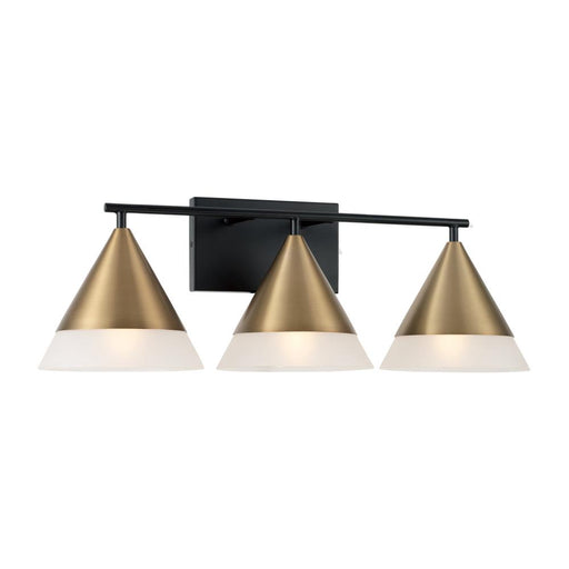 Capital 3-Light Cone Vanity in Black with Aged Brass and Frosted Glass Shades