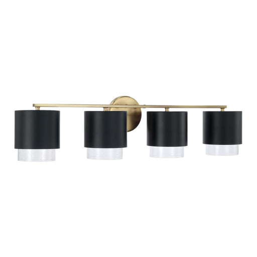 Capital 4-Light Cylindrical Metal Vanity in Matte Black with Matte Brass Interior and Seeded Glass