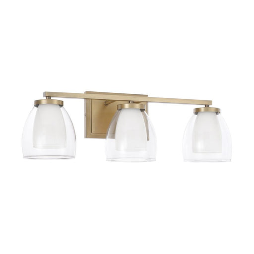 Capital 3-Light Vanity in Aged Brass with Layered White and Clear Glass