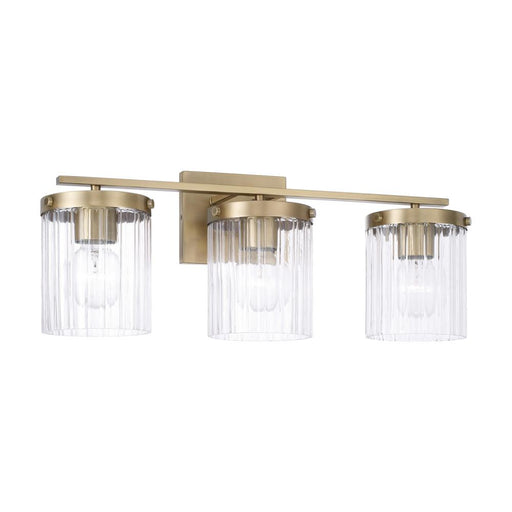 Capital 3-Light Vanity in Aged Brass with Clear Beveled Fluted Glass