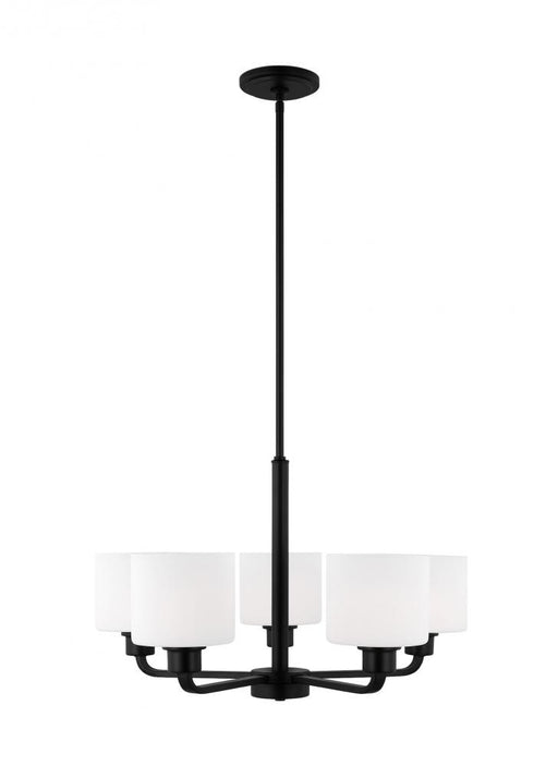 Generation Lighting Canfield indoor dimmable LED 5-light chandelier in midnight black finish and etched white glass shad