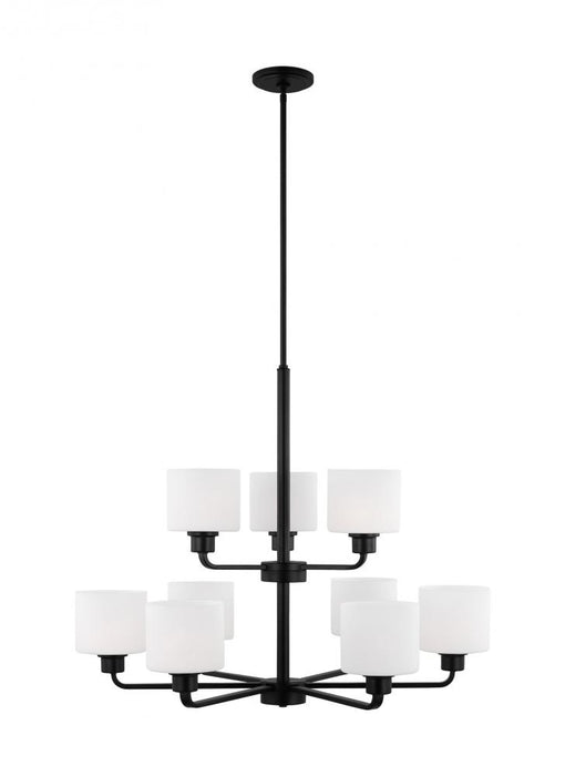 Generation Lighting Canfield indoor dimmable 9-light chandelier in midnight black finish and etched white glass shade