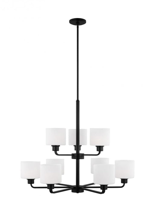 Generation Lighting Canfield indoor dimmable 9-light chandelier in midnight black finish and etched white glass shade