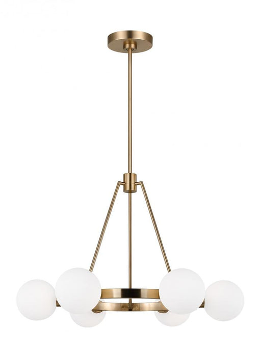 Visual Comfort & Co. Studio Collection Clybourn modern 6-light indoor dimmable chandelier in satin brass gold finish with white milk glass