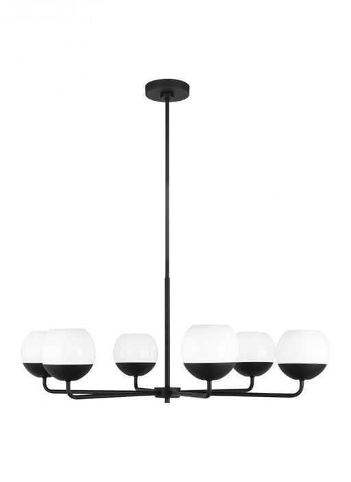 Visual Comfort & Co. Studio Collection Alvin modern 6-light indoor dimmable chandelier in midnight black finish with white milk glass globe