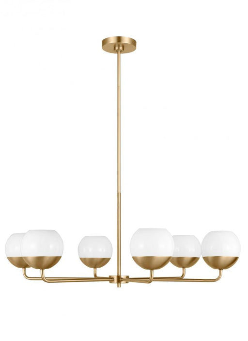 Visual Comfort & Co. Studio Collection Alvin modern 6-light indoor dimmable chandelier in satin brass gold finish with white milk glass glo
