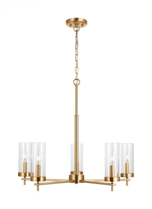Visual Comfort & Co. Studio Collection Zire dimmable indoor 5-light chandelier in a satin brass finish with clear glass shades