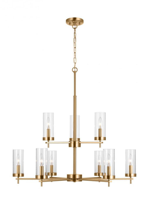 Visual Comfort & Co. Studio Collection Zire dimmable indoor 9-light chandelier in a satin brass finish with clear glass shades