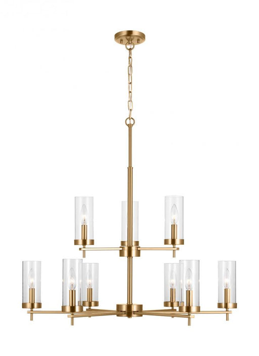 Visual Comfort & Co. Studio Collection Zire dimmable indoor 9-light chandelier in a satin brass finish with clear glass shades