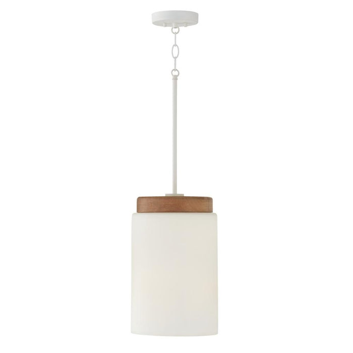 Capital 1-Light Cylindrical Pendant in White with Mango Wood and Soft White Glass