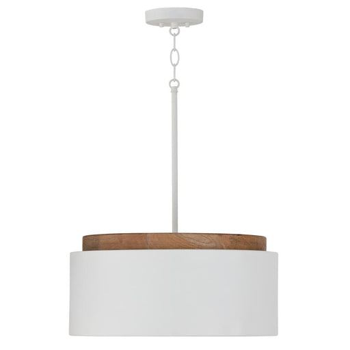 Capital 1-Light Drum Pendant in White with Mango Wood and Matte White Metal Shade