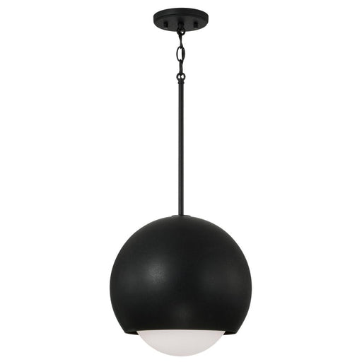 Capital 1-Light Circular Globe Pendant in Black Iron with Soft White Glass