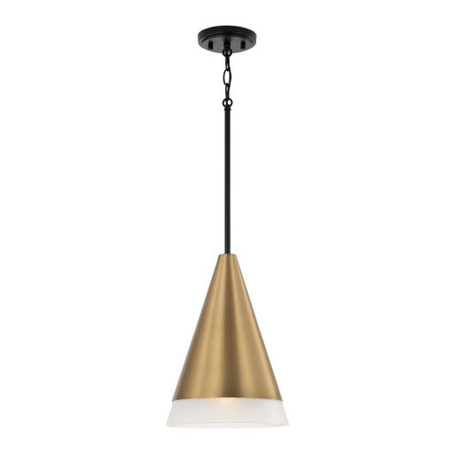 Capital 1-Light Cone Pendant in Black with Aged Brass and Soft White Glass Shade