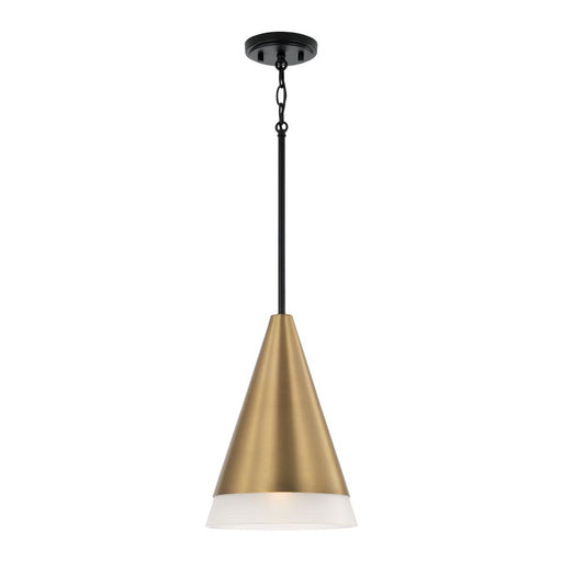 1-light Cone Pendant In Black With Aged Brass And Soft White Glass Shade | 351911AB
