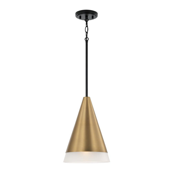1-light Cone Pendant In Black With Aged Brass And Soft White Glass Shade | 351911AB