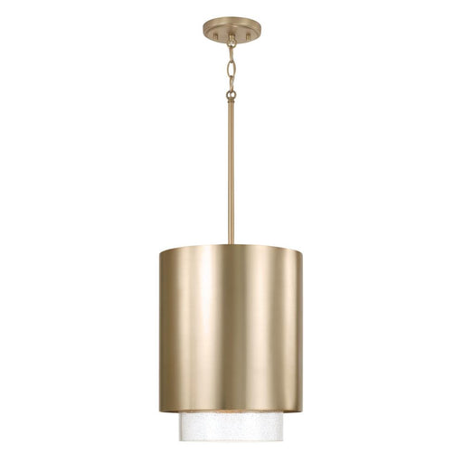 Capital 1-Light Cylindrical Metal Pendant in Matte Brass with Seeded Glass