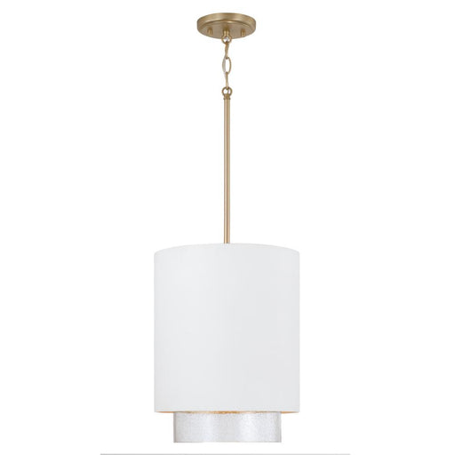 Capital 1-Light Cylindrical Metal Pendant in Matte White with Matte Brass Interior and Seeded Glass