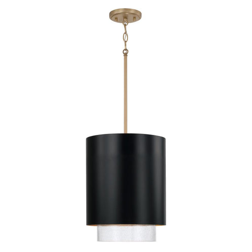 Capital 1-Light Cylindrical Metal Pendant in Matte Black with Matte Brass Interior and Seeded Glass