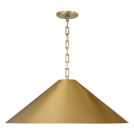 Capital 1-Light Metal Cone Pendant in Aged Brass with Painted Brass Interior and Rectangular Designer Chain