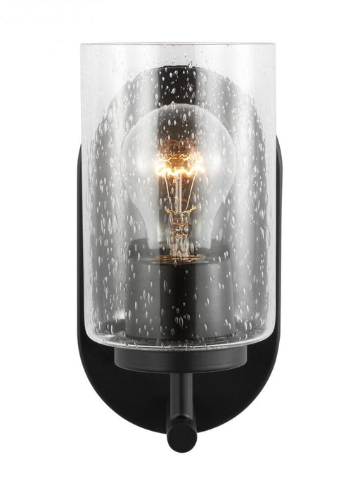Generation Lighting Oslo dimmable 1-light wall bath sconce in a midnight black finish with clear seeded glass shade