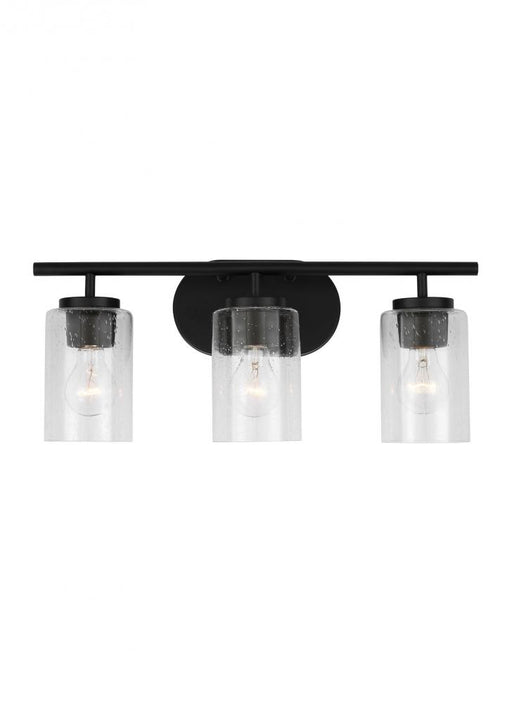 Generation Lighting Oslo dimmable 3-light wall bath sconce in a midnight black finish with clear seeded glass shade