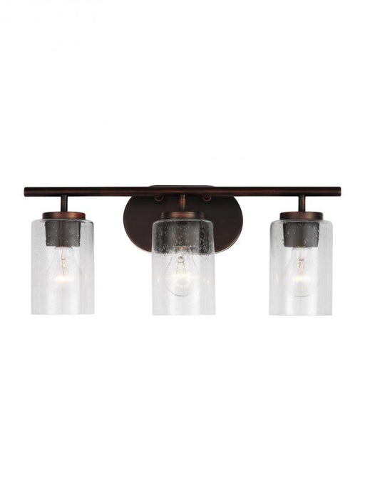 Generation Lighting Oslo dimmable 3-light wall bath sconce in a bronze finish with clear seeded glass shade