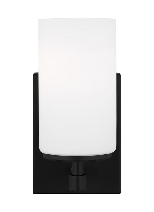 Generation Lighting Alturas indoor dimmable 1-light wall bath sconce in a midnight black finish and etched white glass s