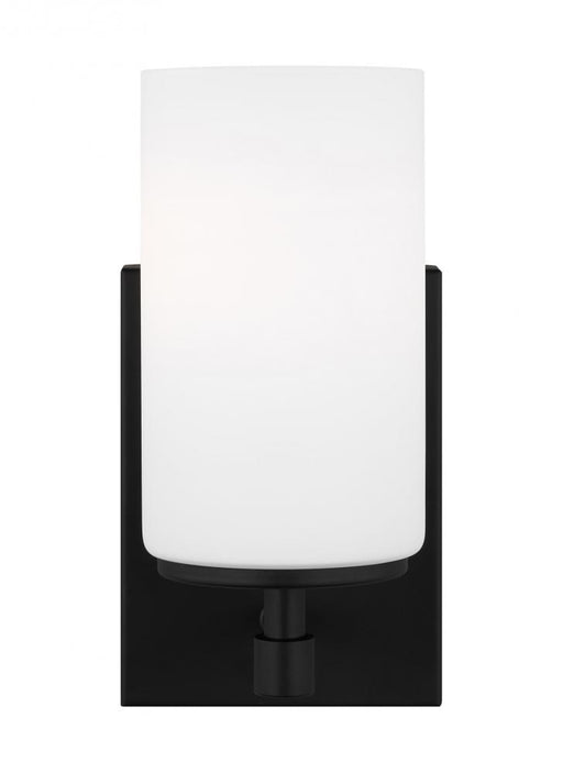 Generation Lighting Alturas indoor dimmable LED 1-light wall bath sconce in a midnight black finish and etched white gla
