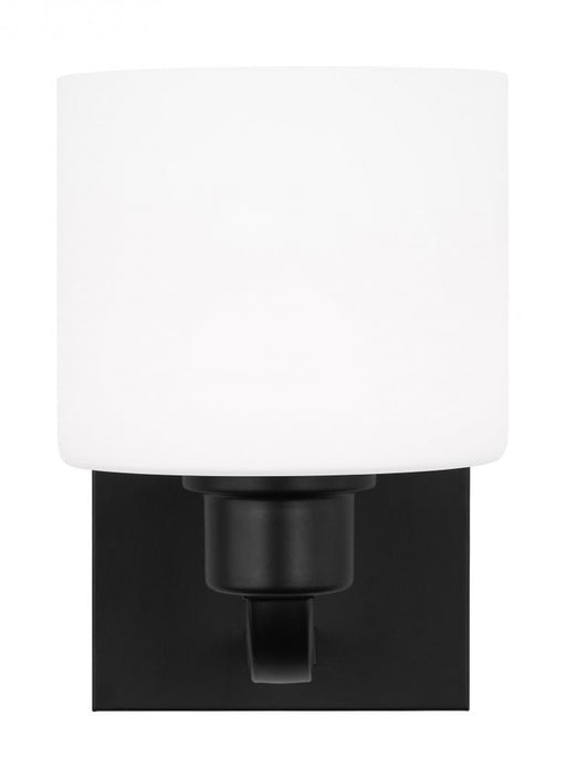 Generation Lighting Canfield indoor dimmable LED 1-light wall bath sconce in a midnight black finish and etched white gl