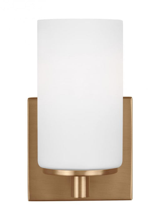 Generation Lighting Hettinger traditional indoor dimmable 1-light wall bath sconce in a satin brass finish with etched w