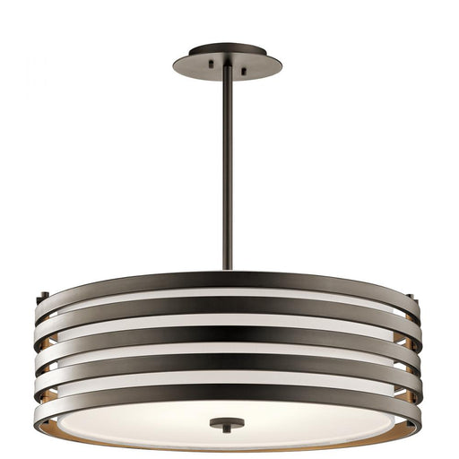 Kichler Roswell 9" 4 Light Pendant with Satin Etched Diffuser and Off White Linen Shade in Olde Bronze