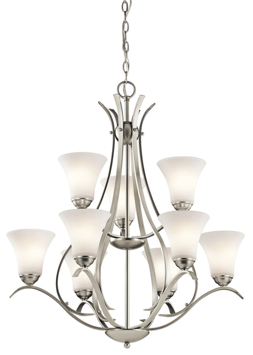 Kichler Keiran 33.25" 9 Light Chandelier with Satin Etched White Glass in Brushed Nickel