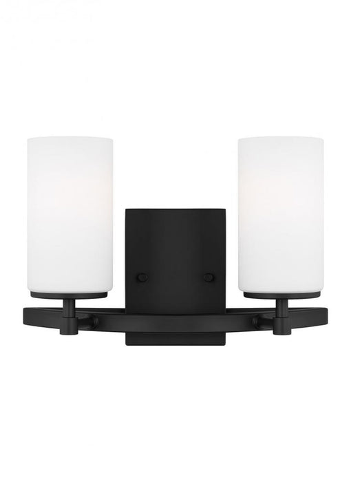 Generation Lighting Alturas indoor dimmable 2-light wall bath vanity in a midnight black finish and etched white glass s