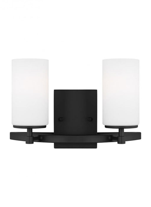 Generation Lighting Alturas indoor dimmable 2-light wall bath vanity in a midnight black finish and etched white glass s