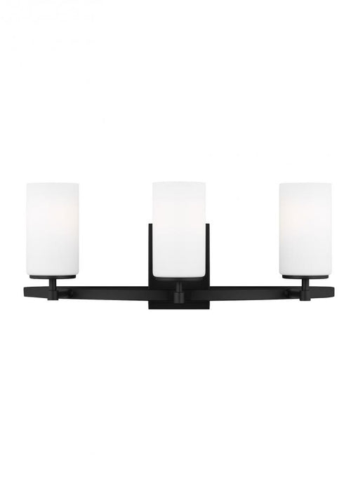 Generation Lighting Alturas indoor dimmable 3-light wall bath sconce in a midnight black finish and etched white glass s