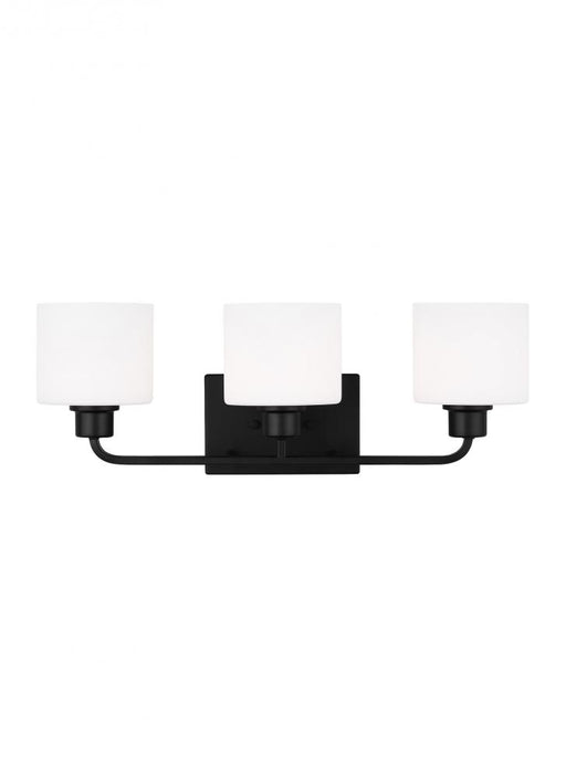 Generation Lighting Canfield indoor dimmable 3-light wall bath sconce in a midnight black finish and etched white glass