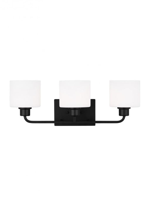 Generation Lighting Canfield indoor dimmable LED 3-light wall bath sconce in a midnight black finish and etched white gl