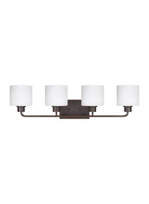 Generation Lighting Canfield modern 4-light LED indoor dimmable bath vanity wall sconce in bronze finish with etched whi