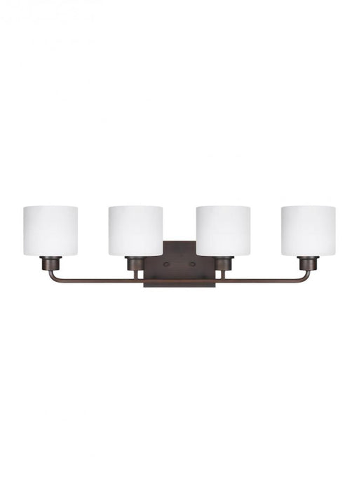 Generation Lighting Canfield modern 4-light LED indoor dimmable bath vanity wall sconce in bronze finish with etched whi