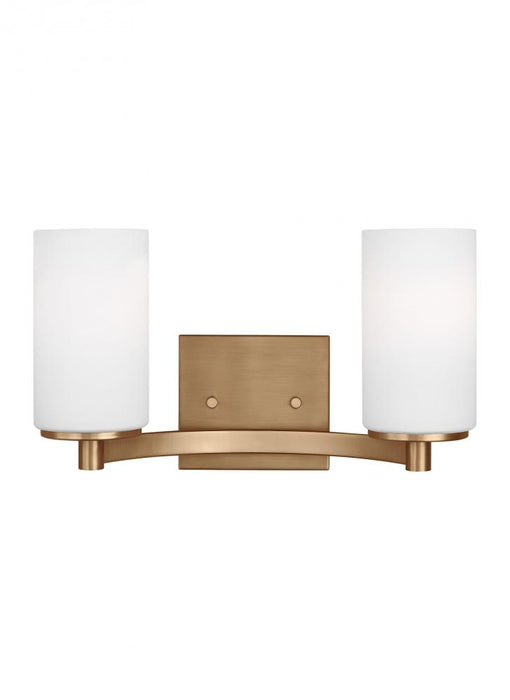 Generation Lighting Hettinger traditional indoor dimmable 2-light wall bath sconce in a satin brass finish with etched w