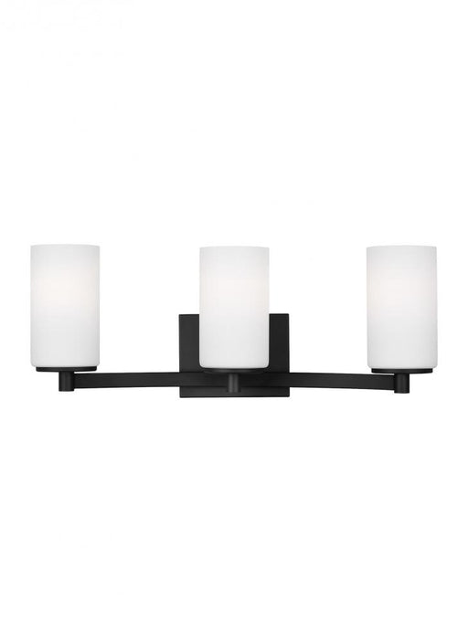 Generation Lighting Hettinger traditional indoor dimmable 3-light wall bath sconce in a midnight black finish with etche