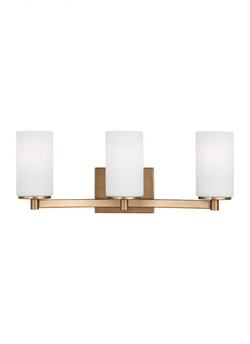 Generation Lighting Hettinger traditional indoor dimmable 3-light wall bath sconce in a satin brass finish with etched w