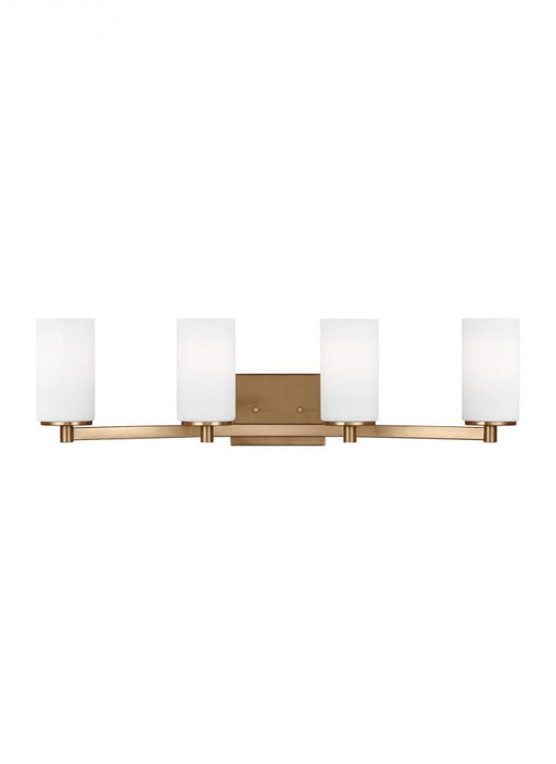 Generation Lighting Hettinger traditional indoor dimmable 4-light wall bath sconce in a satin brass finish with etched w