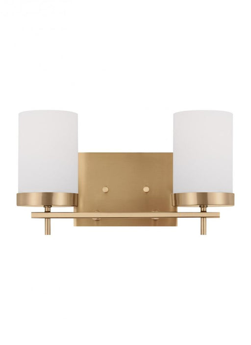 Visual Comfort & Co. Studio Collection Zire dimmable indoor 2-light wall light or bath sconce in a satin brass finish with etched white gla