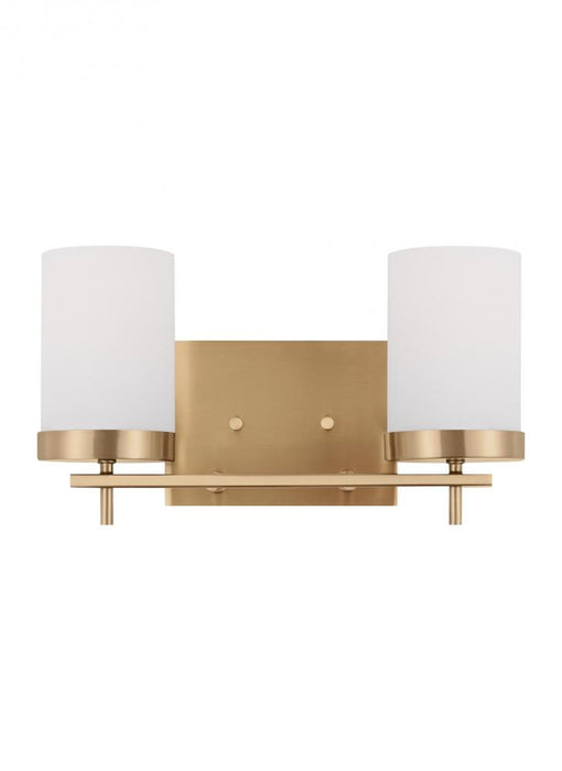 Visual Comfort & Co. Studio Collection Zire dimmable indoor 2-light LED wall light or bath sconce in a satin brass finish with etched white