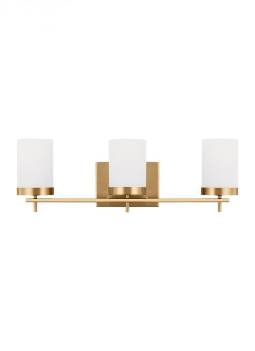 Visual Comfort & Co. Studio Collection Zire dimmable indoor 3-light wall light or bath sconce in a satin brass finish with etched white gla