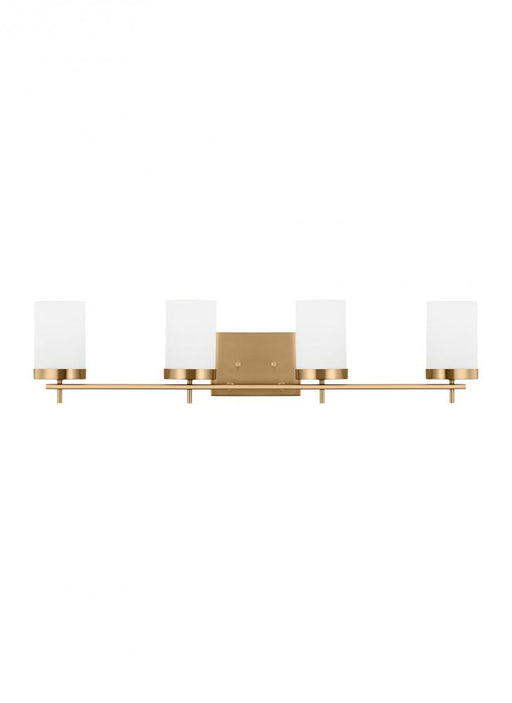 Visual Comfort & Co. Studio Collection Zire dimmable indoor 4-light LED wall light or bath sconce in a satin brass finish with etched white