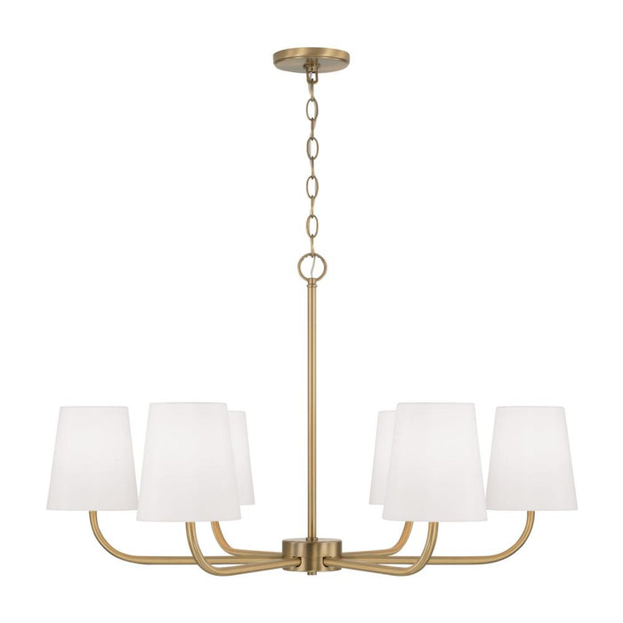 Capital 6-Light Chandelier in Aged Brass with White Fabric Stay-Straight Shades
