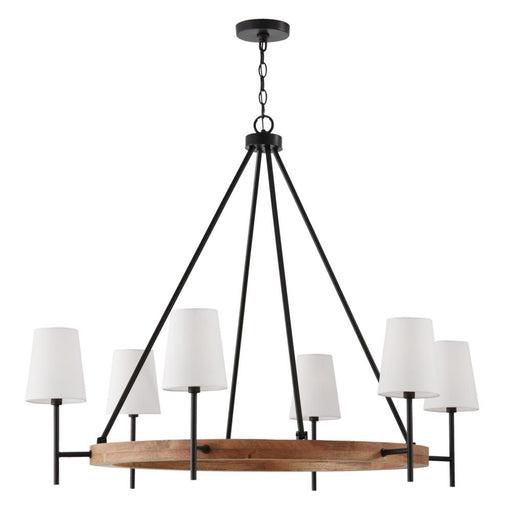 Capital 6-Light Chandelier in Matte Black and Mango Wood with Removable White Fabric Shades